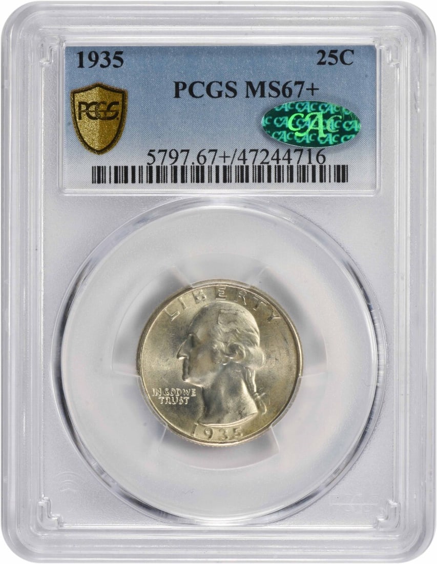 1935 Washington Silver Quarter MS67+ PCGS CAC Approved 90% Silver: 1935 Washington Silver Quarter MS67+ PCGS CAC Approved 90% Silver This 1935 Washington Silver Quarter is graded MS67+ by PCGS and comes with a CAC certification, indicating its premium quality. Struck