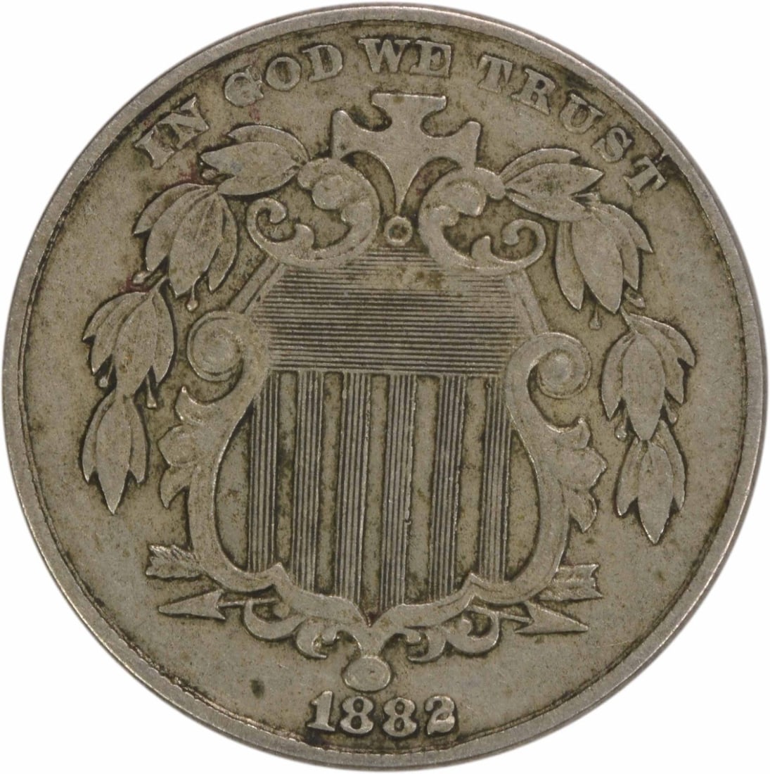 1882 Shield Nickel EF Circulated 5C Philadelphia Mint: 1882 Shield Nickel EF Circulated 5C Philadelphia Mint This 1882 Shield Nickel is a remarkable piece of numismatic history, showcasing a rich blend of copper and nickel in its composition. The coin fea