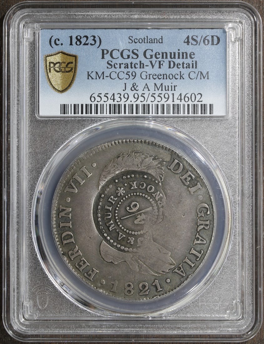 PCGS Certified Scotland Greenock Countermark on 1823 8 Reales Coin: PCGS Certified Scotland Greenock Countermark on 1823 8 Reales Coin This is an 1823 Scotland Greenock countermarked 8 Reales coin, graded by PCGS. The coin is in circulated condition and features the 4