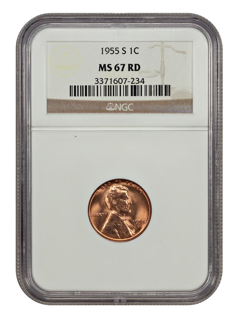 1955-S Lincoln Cent NGC MS67RD Wheat Reverse Uncirculated: 1955-S Lincoln Cent NGC MS67RD Wheat Reverse Uncirculated This 1955-S Lincoln Cent showcases a remarkable uncirculated condition with a grade of MS67RD, certified by NGC. Featuring the iconic Wheat Re