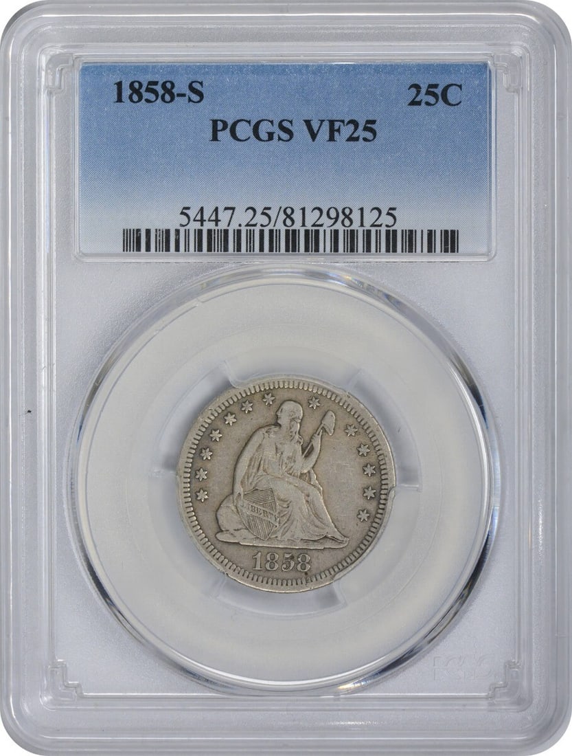 1858-S Liberty Seated Quarter VF25 PCGS 90% Silver San Francisco: 1858-S Liberty Seated Quarter VF25 PCGS 90% Silver San Francisco This 1858-S Liberty Seated Quarter is a remarkable piece certified by PCGS, showcasing a grade of VF25. Minted in San Francisco, this 2