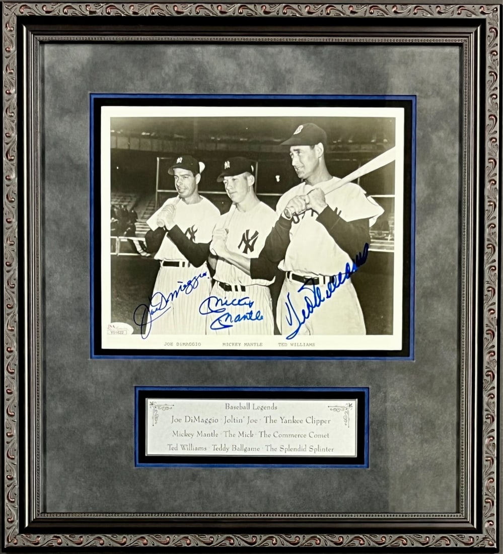Mickey Mantle Joe DiMaggio Ted Williams Signed 8x10 Photo Custom Framed JSA: Mickey Mantle Joe DiMaggio Ted Williams Signed 8x10 Photo Custom Framed JSA This stunning custom framed display features an 8x10 photo signed by three legendary Hall of Famers: Mickey Mantle, Joe DiMa