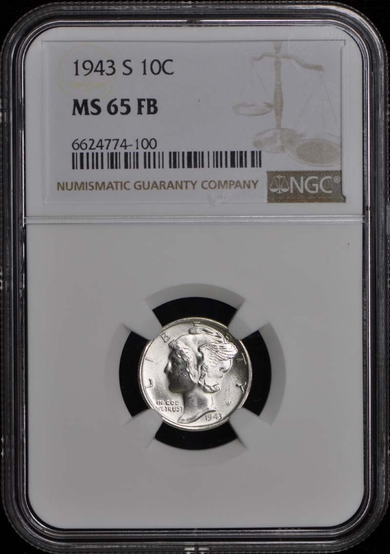 1943-S Mercury Dime NGC MS65FB Uncirculated San Francisco: 1943-S Mercury Dime NGC MS65FB Uncirculated San Francisco This 1943-S Mercury Dime, certified by NGC with certification number 6624774100, is in uncirculated condition and graded MS65FB. Minted in San