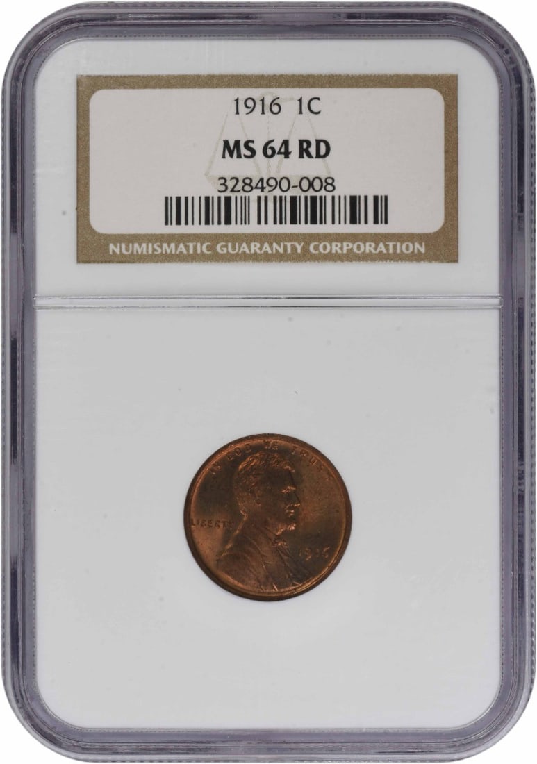 NGC Certified 1916 Lincoln Wheat Cent MS64 Red Copper Uncirculated: NGC Certified 1916 Lincoln Wheat Cent MS64 Red Copper Uncirculated This 1916 Lincoln Wheat Cent is graded MS64RD by NGC. Struck in copper, this uncirculated small cent originates from the United State