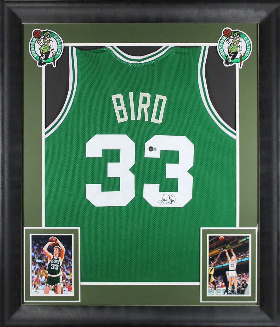 Larry Bird Signed Boston Celtics Framed Jersey BAS Certified: Larry Bird Signed Boston Celtics Framed Jersey BAS Certified Celebrate the legacy of Larry Bird with this authentic autographed green pro style framed jersey, personally signed by the Boston Celtics l