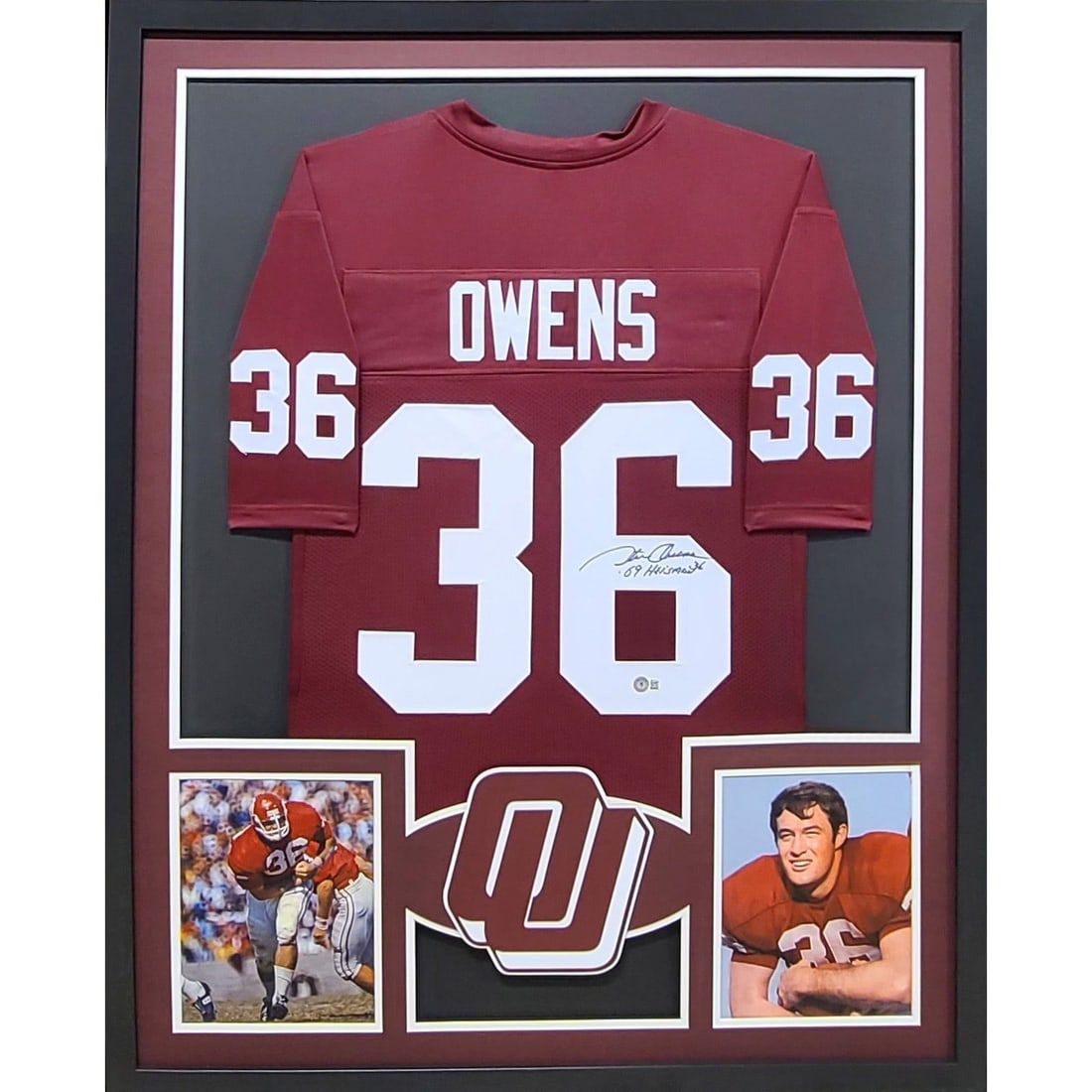 Steve Owens Oklahoma Signed Framed Jersey Beckett Authenticated: Steve Owens Oklahoma Signed Framed Jersey Beckett Authenticated This autographed Steve Owens framed jersey is a remarkable collectible, authenticated by Beckett, a leader in sports memorabilia verific