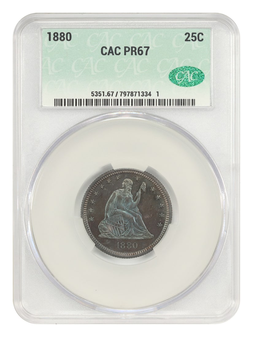 1880 Proof Liberty Seated Quarter CACG PR67 Certified 25C: 1880 Proof Liberty Seated Quarter CACG PR67 Certified 25C This 1880 Liberty Seated Quarter is a proof coin graded PR67 by CACG. Struck in Philadelphia, it is one of only 1,355 minted in proof format.