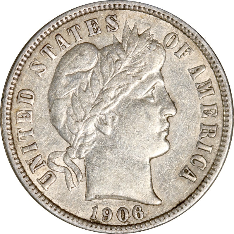 United States 1906 P Silver Barber Dime Circulated Coin: United States 1906 P Silver Barber Dime Circulated Coin This is a 1906-P Barber Dime from the United States, composed of 90% silver. The coin is circulated and pre-owned, originating from the Philadel