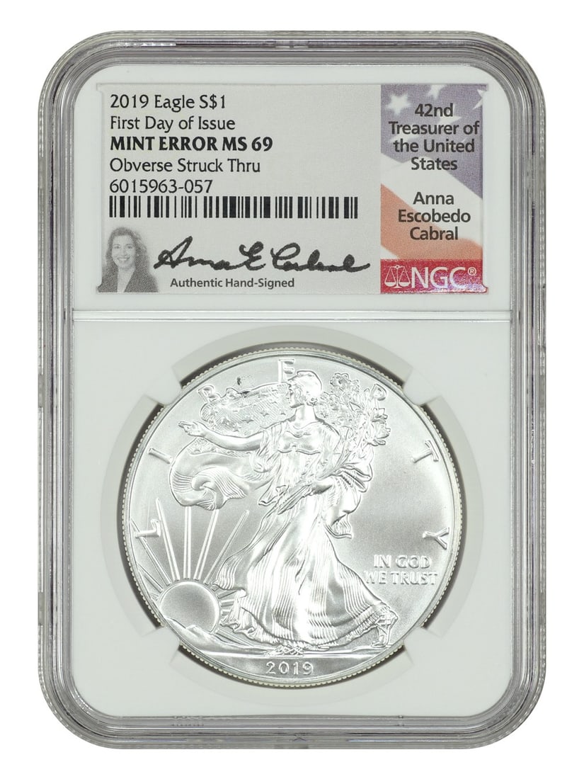 2019 Silver Eagle NGC MS69 Obverse Struck Through Error First Day Issue: 2019 Silver Eagle NGC MS69 Obverse Struck Through Error First Day Issue This 2019 $1 Silver Eagle is a mint error coin, certified by NGC with a grade of MS69. The coin features an obverse struck throu