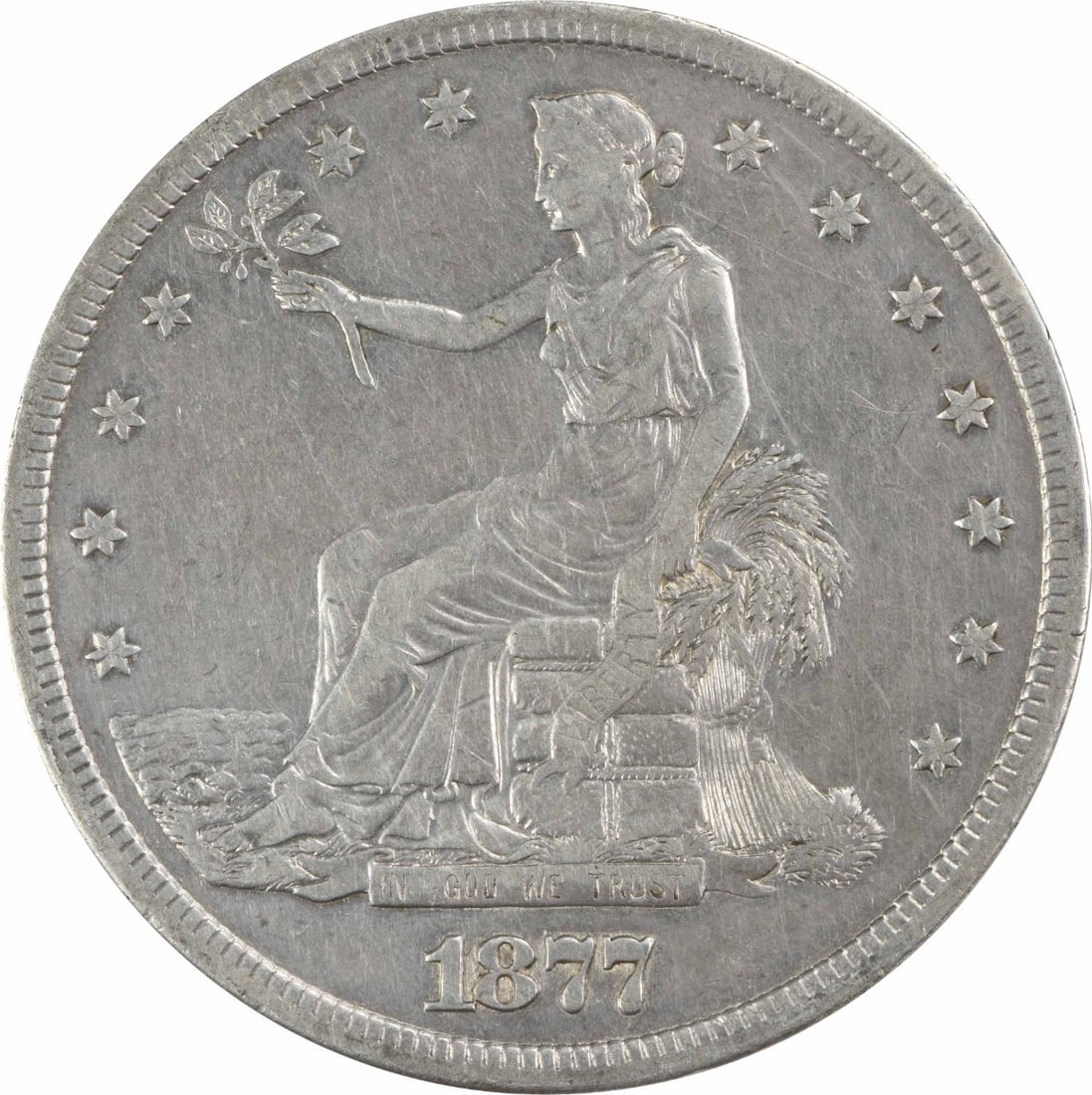 1877-S Trade Silver Dollar Coin by William Barber 90% Silver: 1877-S Trade Silver Dollar Coin by William Barber 90% Silver This 1877-S Trade Silver Dollar is a remarkable example of American coinage, featuring a design by William Barber. The coin is crafted from