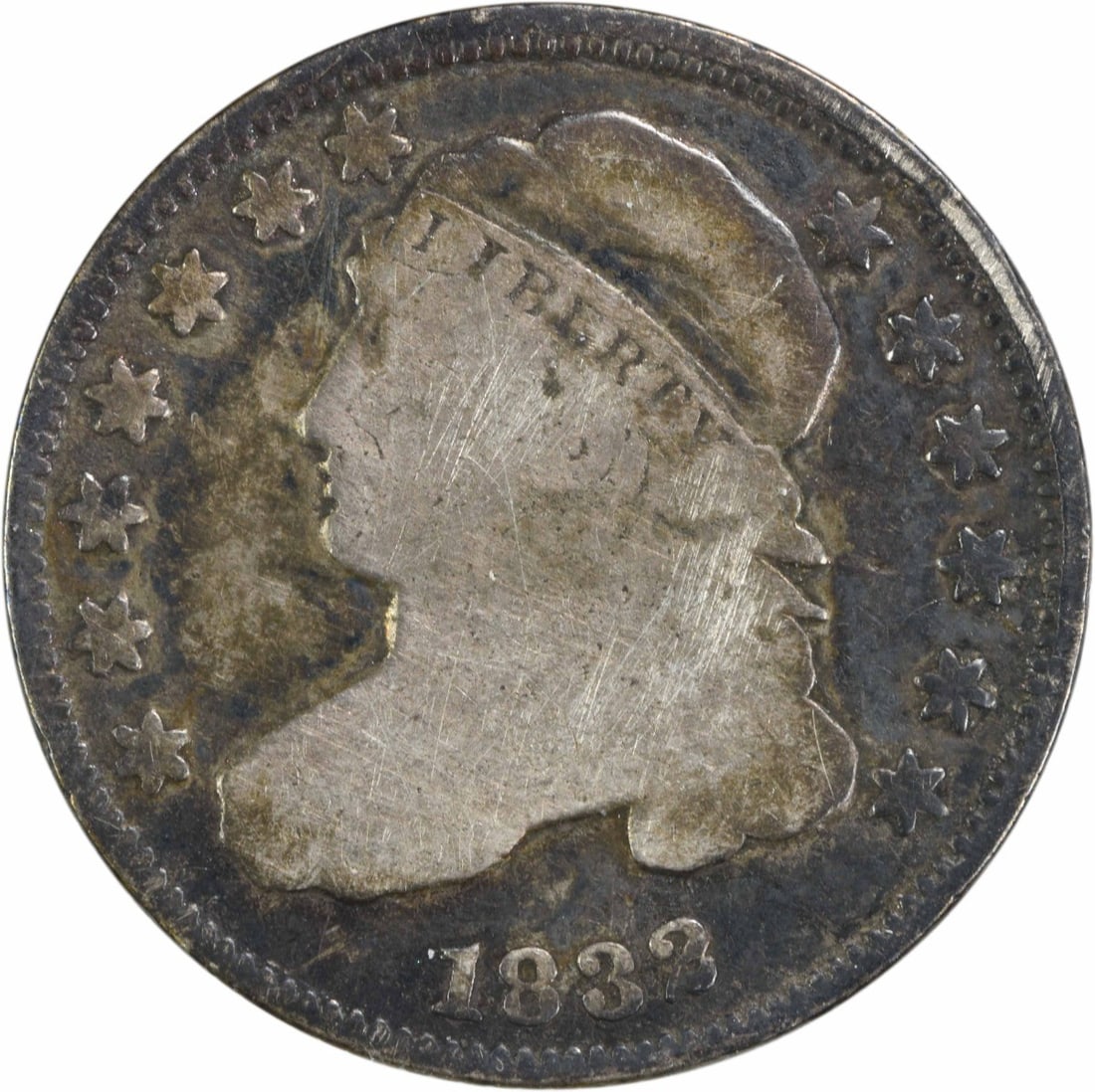 1832 Capped Bust Silver Dime 10C Uncertified Coin: 1832 Capped Bust Silver Dime 10C Uncertified Coin This 1832 Capped Bust Silver Dime is a remarkable piece of numismatic history, showcasing the artistry of designer John Reich. Struck in Philadelphia,