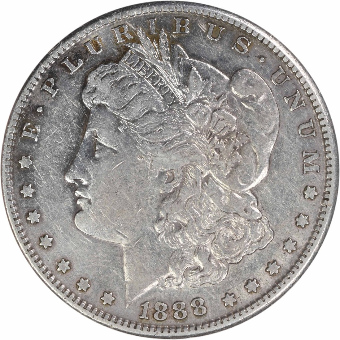 San Francisco 1888 Morgan Dollar 90 Percent Silver EF Grade Uncertified: San Francisco 1888 Morgan Dollar 90 Percent Silver EF Grade Uncertified This 1888-S Morgan Silver Dollar is a circulated coin featuring the iconic design by George T. Morgan. Struck at the San Francis