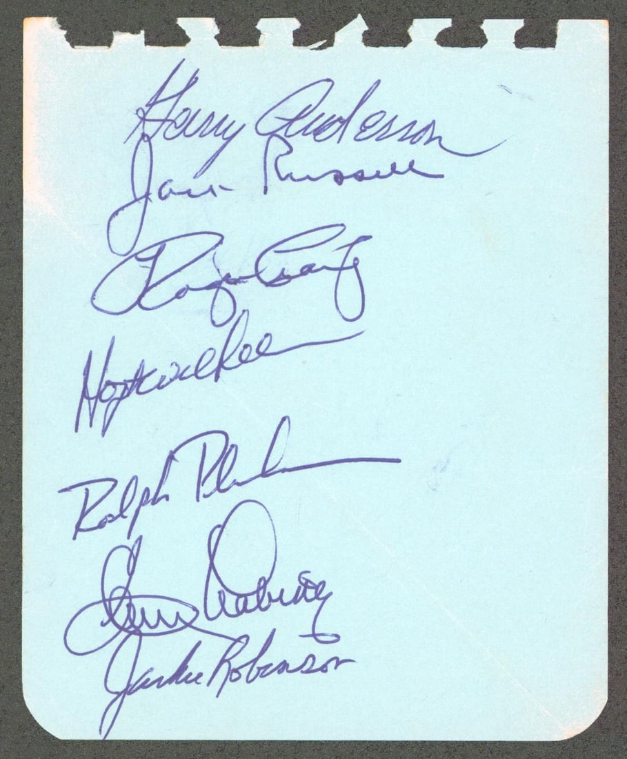 1950s Dodgers Signed Album Page Jackie Robinson Hoyt Wilhelm JSA: 1950s Dodgers Signed Album Page Jackie Robinson Hoyt Wilhelm JSA This original 4.5x5.5 album page features the authentic signatures of legendary Los Angeles Dodgers players, including Jackie Robinson,