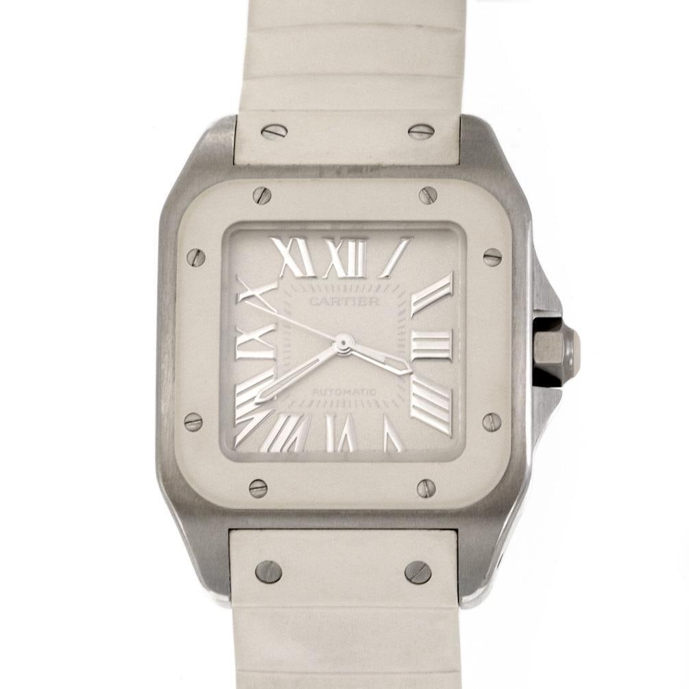 Cartier Santos 100 Automatic Midsize Watch Steel Rubber Band 2878: Cartier Santos 100 Automatic Midsize Watch Steel Rubber Band 2878 Presenting an authentic Cartier Santos 100 Automatic Midsize Watch, a perfect blend of sophistication and functionality. This exquisit