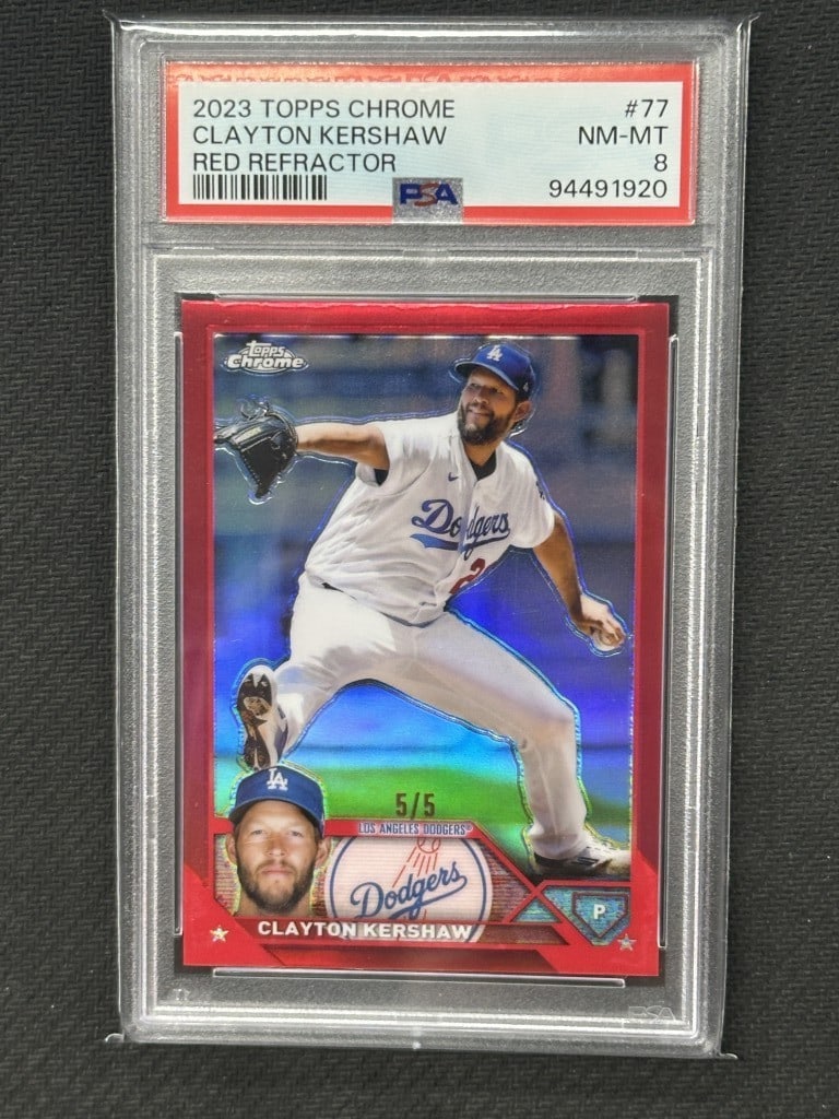 Clayton Kershaw 2023 Topps Chrome Red Refractor PSA 8 #77 Dodgers: Clayton Kershaw 2023 Topps Chrome Red Refractor PSA 8 #77 Dodgers Add a striking piece to your baseball card collection with this Clayton Kershaw 2023 Topps Chrome Red Refractor card. Graded 8 by Prof