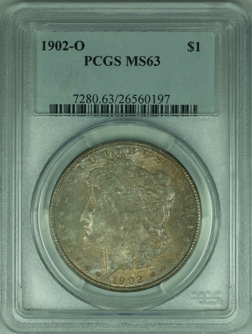 PCGS MS-63 1902-O Silver Morgan Dollar with Deep Toning: PCGS MS-63 1902-O Silver Morgan Dollar with Deep Toning This 1902-O Morgan Silver Dollar is certified by PCGS with a grade of MS-63, indicating an uncirculated condition. Featuring deep toning, the co