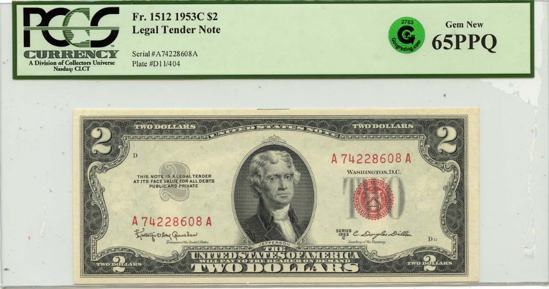 1953C Two Dollar United States Legal Tender Note PCGS GEM65 PPQ: 1953C Two Dollar United States Legal Tender Note PCGS GEM65 PPQ This 1953C $2 Legal Tender Note from the United States is graded MS65 GEM Uncirculated by PCGS Currency, with certification number 80135