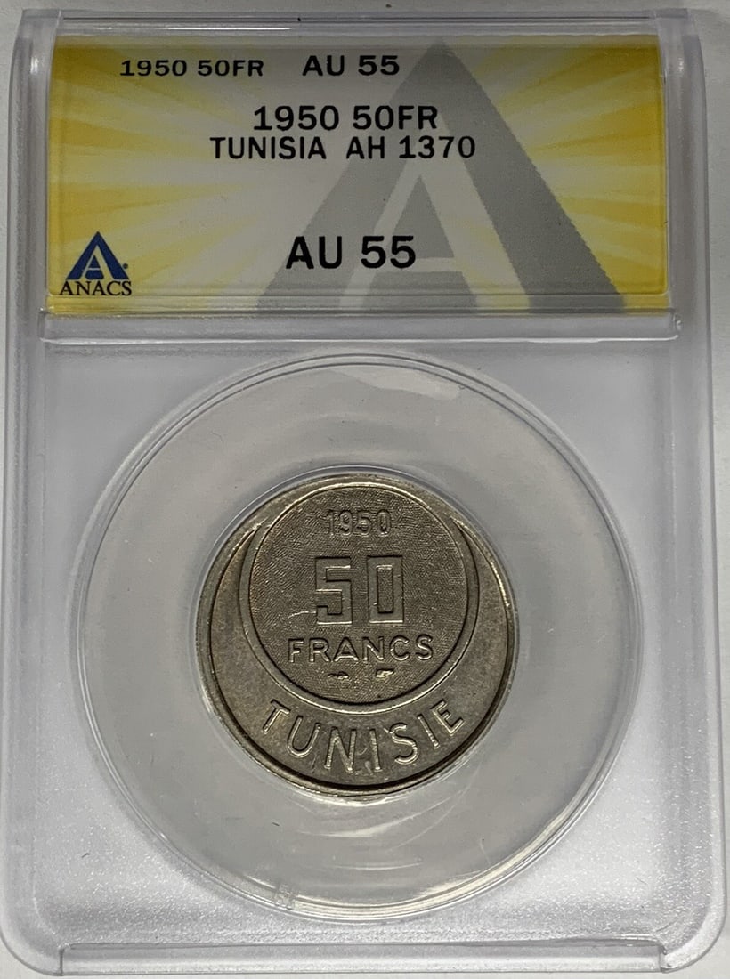 Tunisia 50 Francs 1950 ANACS AU 55 Certified Coin: Tunisia 50 Francs 1950 ANACS AU 55 Certified Coin This is a 1950 Tunisia 50 Francs coin, graded AU 55 by ANACS. The coin is pre-owned and certified, representing the AH 1370 year according to the Isla