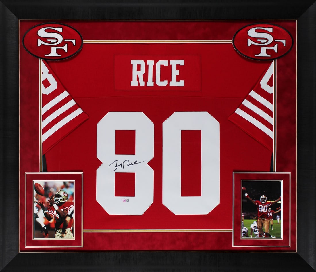 Jerry Rice Signed Red Mitchell & Ness Framed Jersey 49ers Fanatics Authenticated: Jerry Rice Signed Red Mitchell & Ness Framed Jersey 49ers Fanatics Authenticated This authentic red Mitchell & Ness jersey is a stunning framed piece celebrating the legendary Jerry Rice of the San Fr