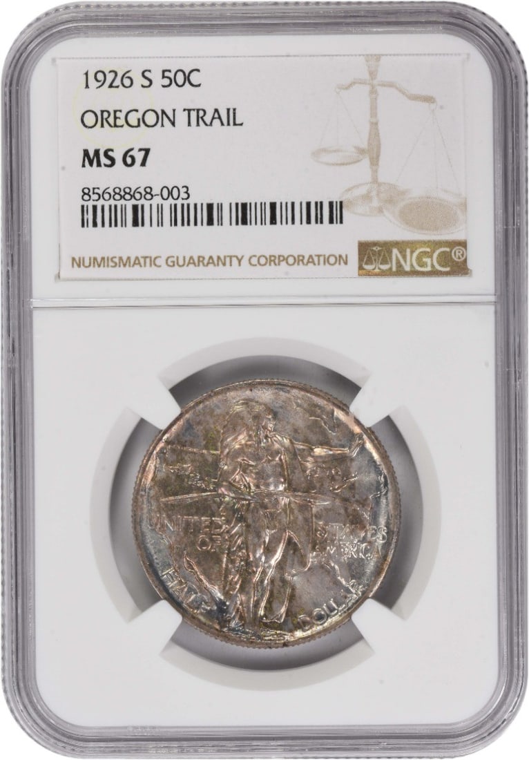 1926 San Francisco Oregon Half Dollar NGC MS67 Silver Commemorative Coin: 1926 San Francisco Oregon Half Dollar NGC MS67 Silver Commemorative Coin This is a 1926-S Oregon Commemorative Silver Half Dollar graded MS67 by NGC. Struck in San Francisco, this uncirculated coin is