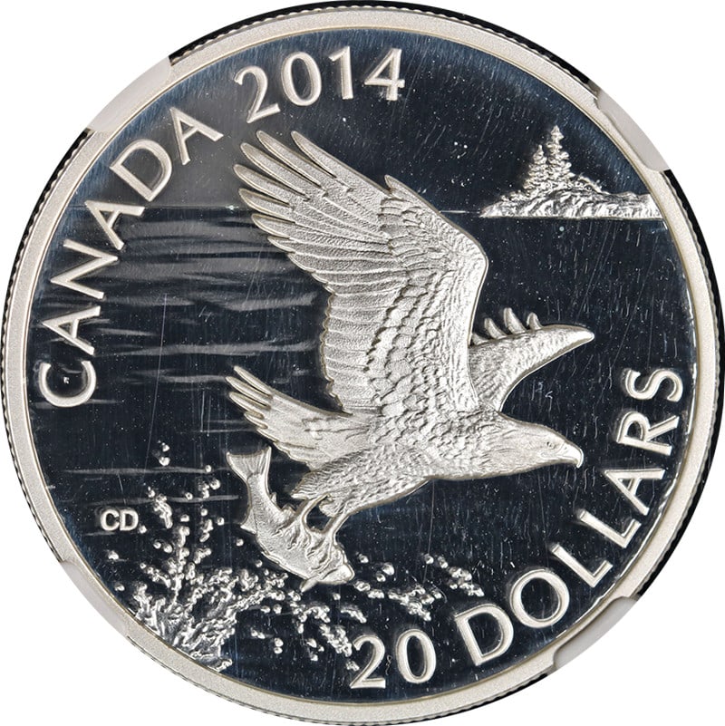 NGC PF70 Ultra Cameo 2014 Canada $20 Silver Bald Eagle With Fish Early Releases: NGC PF70 Ultra Cameo 2014 Canada $20 Silver Bald Eagle With Fish Early Releases This 2014 Canada Silver $20 coin features a detailed depiction of a bald eagle with a fish. Struck in 0.999 fine silver,