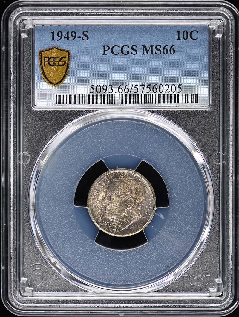 1949-S Roosevelt Dime PCGS MS66 Uncirculated San Francisco: 1949-S Roosevelt Dime PCGS MS66 Uncirculated San Francisco This 1949-S Roosevelt Dime is graded MS66 by PCGS, indicating it is in uncirculated condition. Minted in San Francisco, this coin features th