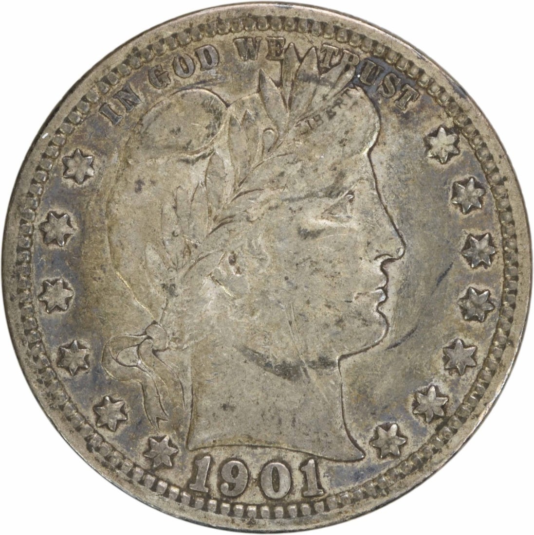 1901 Barber Quarter VF 90% Silver Uncertified Philadelphia: 1901 Barber Quarter VF 90% Silver Uncertified Philadelphia This 1901 Barber Silver Quarter is a beautifully preserved piece from the United States, showcasing a grade of Very Fine (VF) condition. Stru