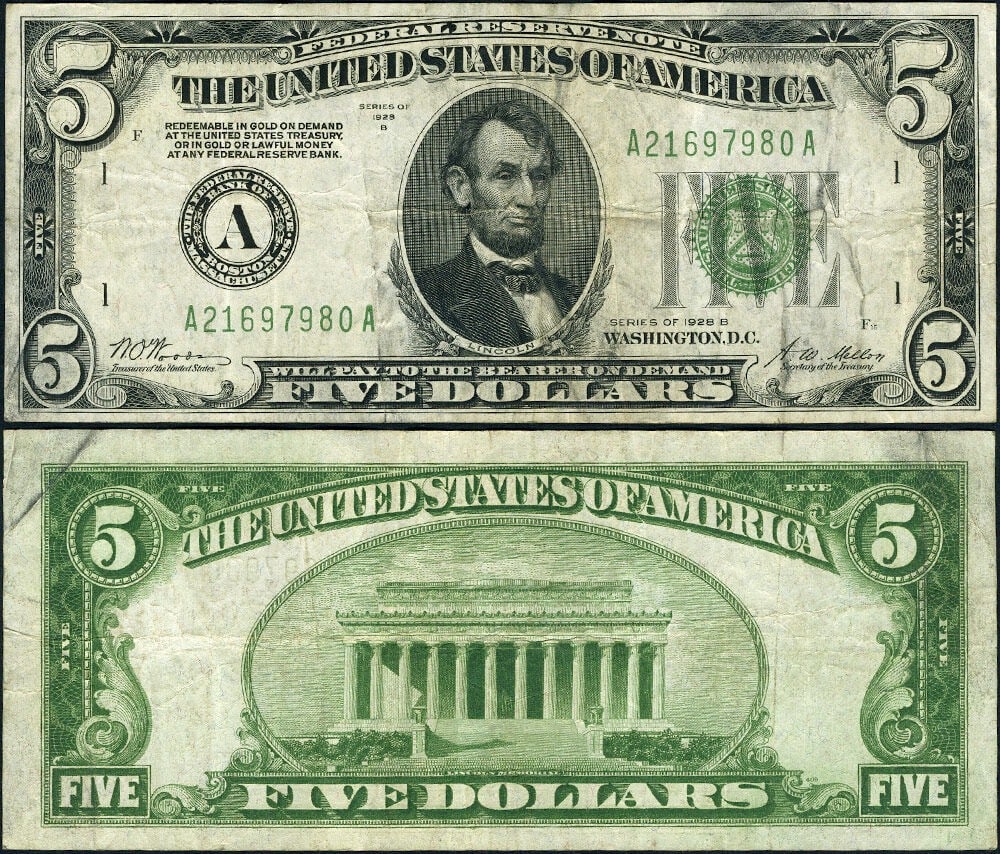 1928-B $5 Boston Federal Reserve Note A-A Block Circulated: 1928-B $5 Boston Federal Reserve Note A-A Block Circulated This 1928-B $5 Federal Reserve Note from the Boston district (A-A Block) is a remarkable piece for collectors. Classified as circulated and g