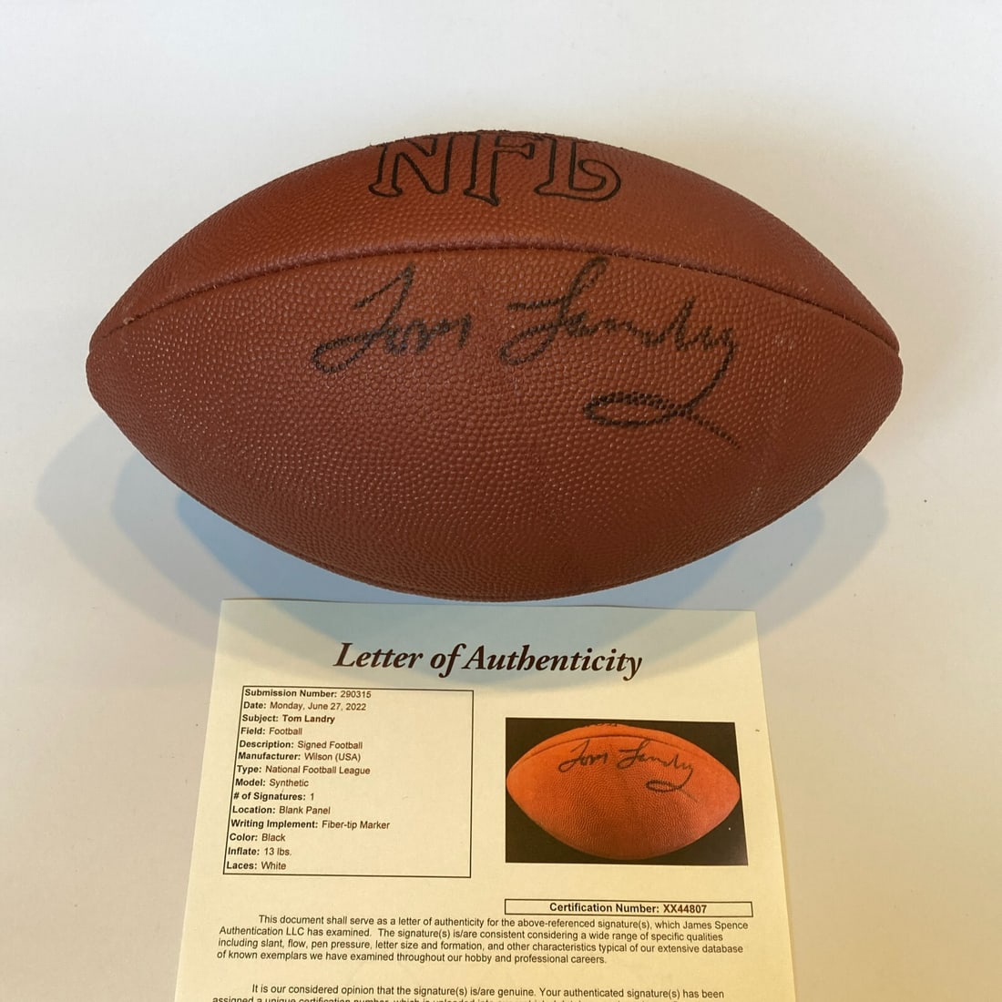 Tom Landy Autographed Wilson NFL Football with JSA COA: Tom Landy Autographed Wilson NFL Football with JSA COA Enhance your sports memorabilia collection with this Tom Landy signed Wilson NFL football. Authenticated by James Spence Authentication (JSA), th