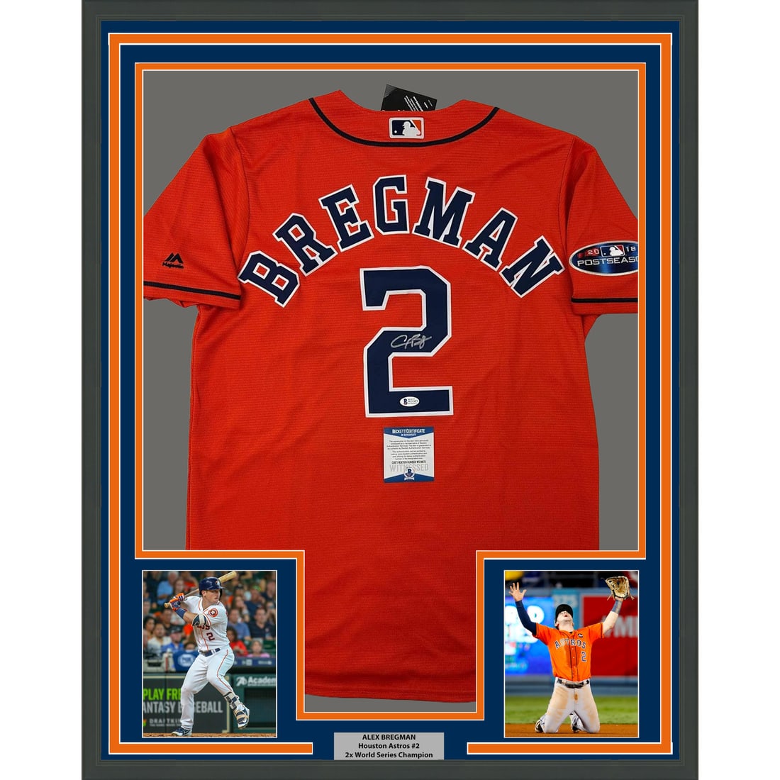 Alex Bregman Signed Houston Astros Jersey Framed with Photos Beckett Authenticated 35x39: Alex Bregman Signed Houston Astros Jersey Framed with Photos Beckett Authenticated 35x39 This is a professionally framed and matted authentic Houston Astros jersey autographed by Alex Bregman. The dis