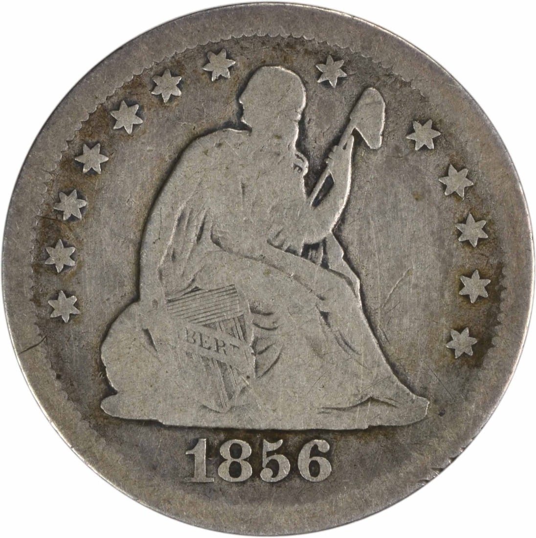 1856-O Liberty Seated Quarter 90% Silver VG Uncertified: 1856-O Liberty Seated Quarter 90% Silver VG Uncertified This 1856-O Liberty Seated Quarter showcases a beautiful design, featuring the artistry of Robert Ball Hughes and Christian Gobrecht. With a com