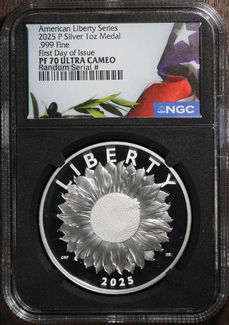NGC PR70 2025-W American Liberty High Relief Silver Medal 1 oz FDOI SunFlower: NGC PR70 2025-W American Liberty High Relief Silver Medal 1 oz FDOI SunFlower This 2025 American Liberty medal is struck in 1 oz of .9999 fine silver and features a high relief proof design with a sun