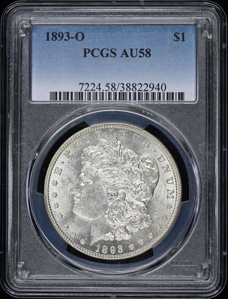 1893-O Morgan Dollar AU58 PCGS Certified Silver Coin: 1893-O Morgan Dollar AU58 PCGS Certified Silver Coin This 1893-O $1 Morgan Dollar is a remarkable piece certified by PCGS with a grade of AU58, indicating its excellent condition. Minted in New Orlean