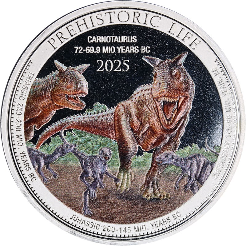 2025 Congo 1oz Silver 20 Francs Carnotaurus Coin Uncirculated: 2025 Congo 1oz Silver 20 Francs Carnotaurus Coin Uncirculated This 2025 Congo 1 Ounce Silver 20 Francs coin features the Prehistoric Life Carnotaurus design, showcasing exceptional luster and a strong
