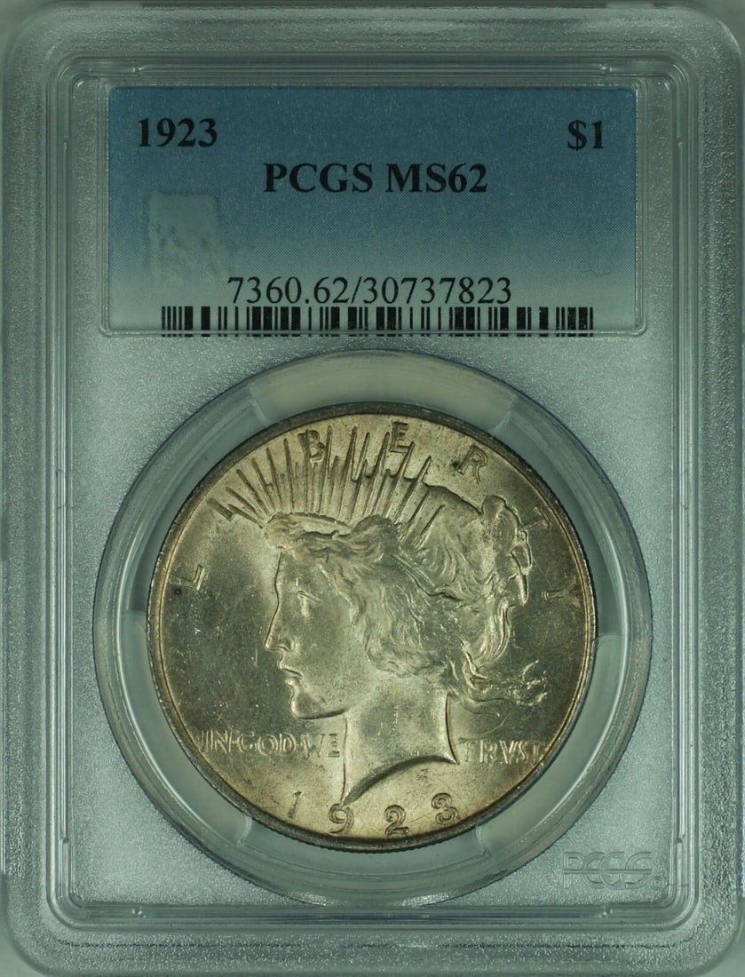 1923 Peace Dollar Silver Coin PCGS MS-62 Philadelphia Toned: 1923 Peace Dollar Silver Coin PCGS MS-62 Philadelphia Toned This 1923 Peace Silver Dollar is certified by PCGS with a grade of MS-62. Minted in Philadelphia, this uncirculated coin is composed of silv