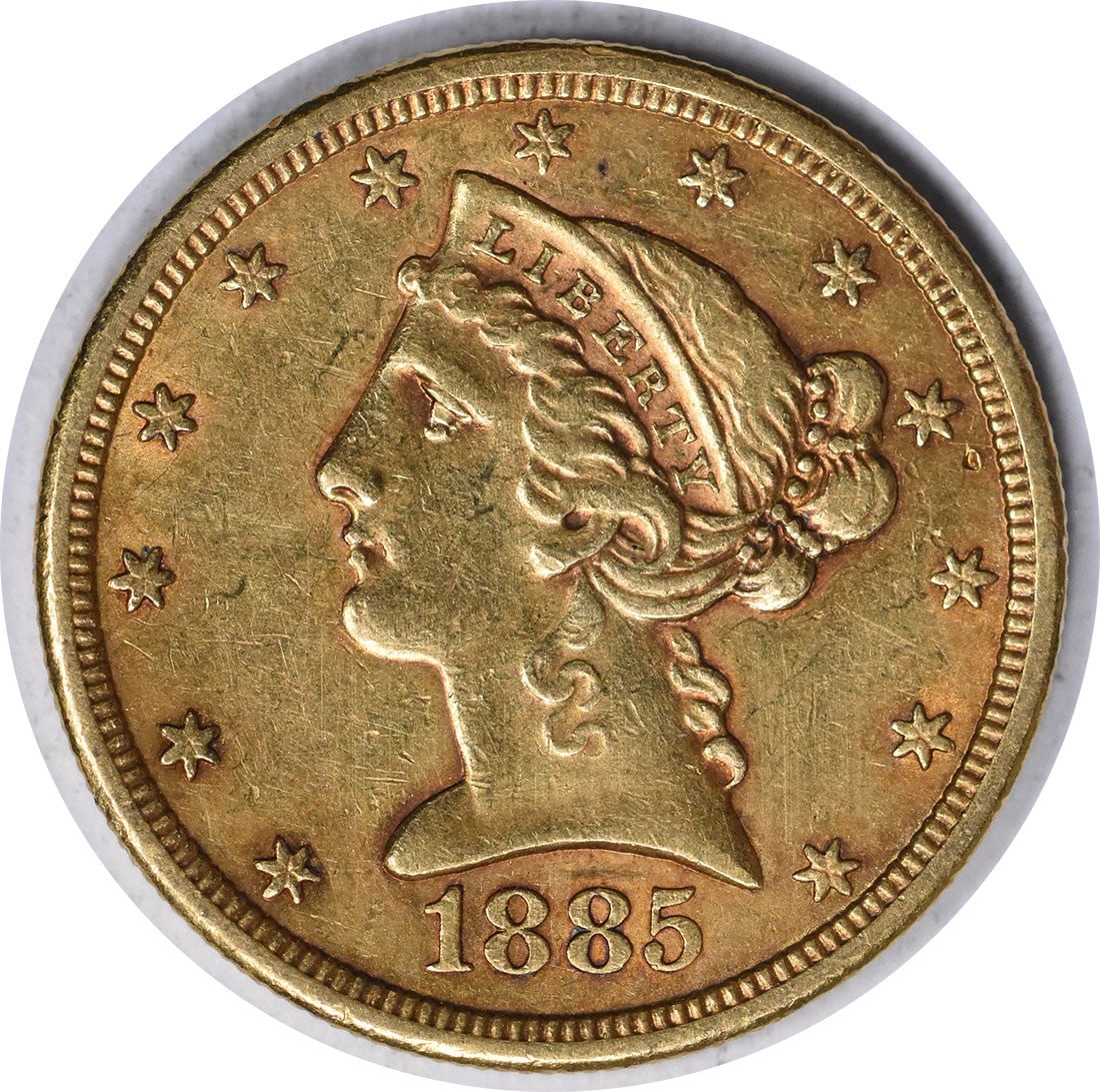 1885-S Gold Liberty Head $5 Coin by Christian Gobrecht Uncertified: 1885-S Gold Liberty Head $5 Coin by Christian Gobrecht Uncertified This stunning 1885-S $5 Gold Liberty Head coin features an exquisite design by Christian Gobrecht. With a composition of 90% gold and