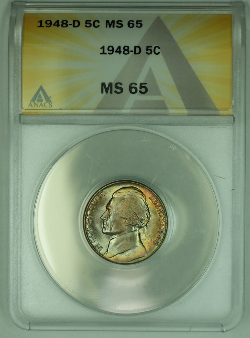 1948-D Rainbow Toned Jefferson Nickel 5C ANACS MS 65 Certified Coin: 1948-D Rainbow Toned Jefferson Nickel 5C ANACS MS 65 Certified Coin This is a 1948-D Jefferson Nickel from the United States with a denomination of 5 cents. The coin features a rainbow toning and is g