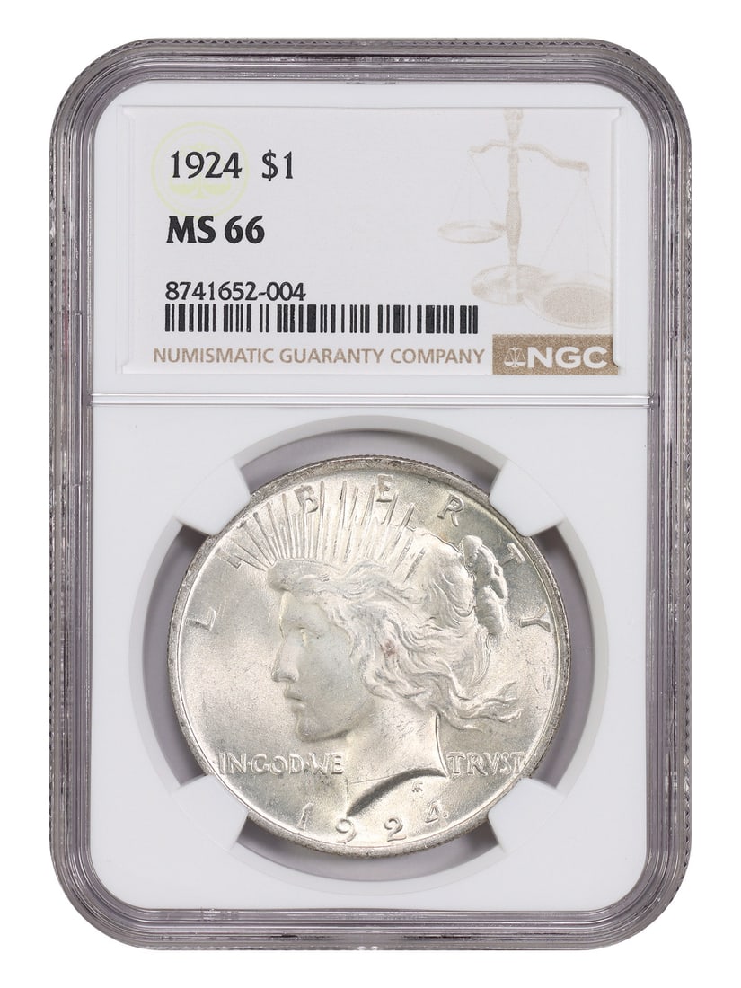 1924 Peace Dollar Graded MS66 by NGC Uncirculated $1 Coin: 1924 Peace Dollar Graded MS66 by NGC Uncirculated $1 Coin This 1924 Peace Dollar is certified by NGC with a grade of MS66, indicating an uncirculated coin in excellent condition. Minted in Philadelphi