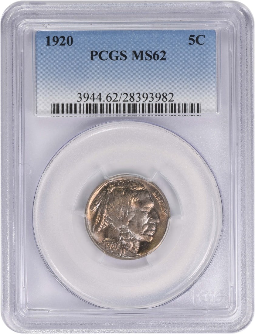 1920 Philadelphia Buffalo Nickel Five Cent PCGS MS62: 1920 Philadelphia Buffalo Nickel Five Cent PCGS MS62 This is a 1920 Buffalo Nickel graded MS62 by PCGS. Struck at the Philadelphia Mint, this uncirculated coin features a composition of 75% copper and