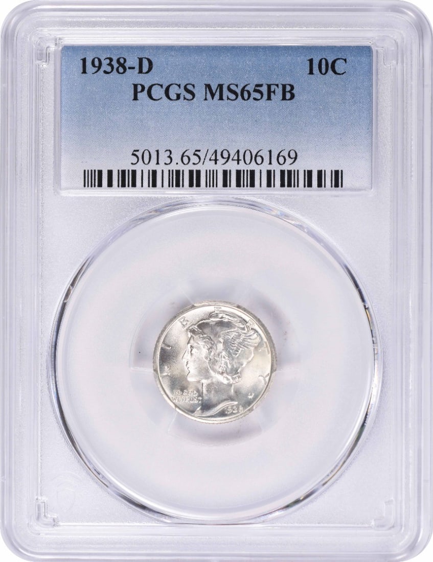 PCGS MS65FB 1938 Denver Mercury Dime 90 Percent Silver: PCGS MS65FB 1938 Denver Mercury Dime 90 Percent Silver This 1938-D Mercury Dime is an uncirculated coin graded MS65FB by PCGS. Minted in Denver, it features the iconic design by Adolph Alexander Weinm