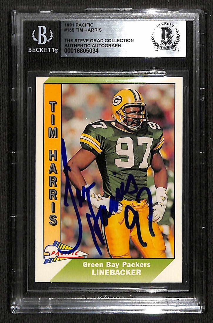 Tim Harris Signed 1991 Pacific #155 Card Beckett Authenticated: Tim Harris Signed 1991 Pacific #155 Card Beckett Authenticated This is an autographed 1991 Pacific #155 sports trading card featuring Tim Harris, a renowned linebacker for the Green Bay Packers. The c