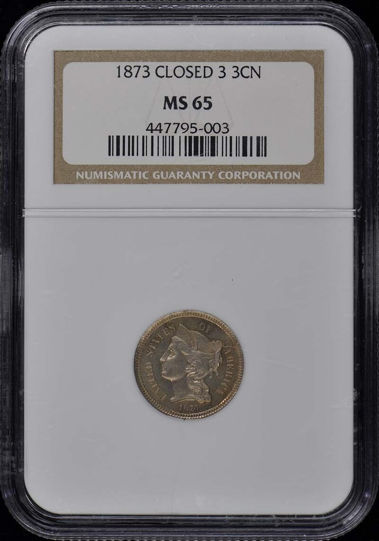 1873 NGC MS65 Closed 3 Three Cent Nickel Coin: 1873 NGC MS65 Closed 3 Three Cent Nickel Coin This 1873 Closed 3 Three Cent Piece is a stunning example of American numismatic history. Struck in copper-nickel, this coin has been graded MS65 by NGC,