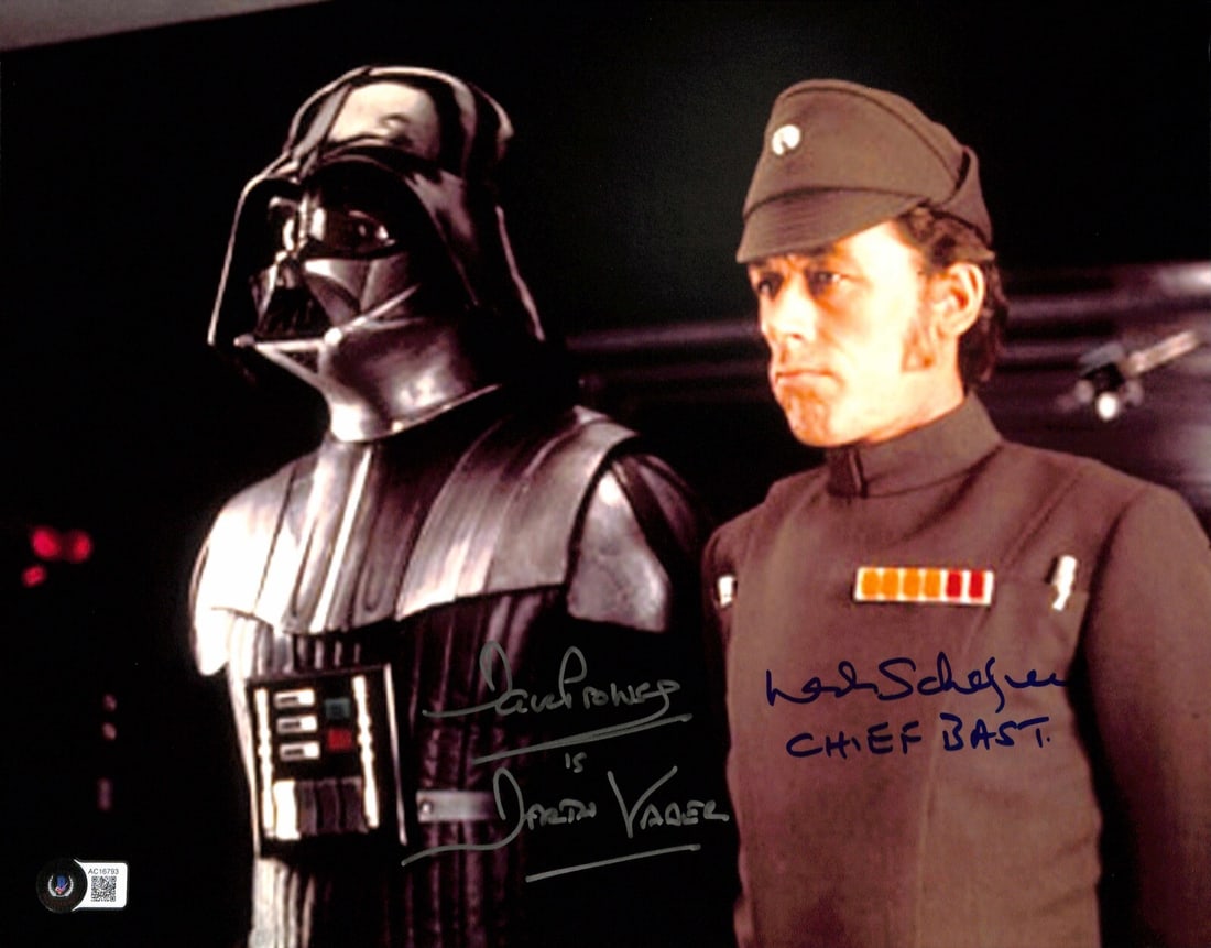 Star Wars 11x14 Photo Signed by David Prowse and Leslie Schofield BAS 10: Star Wars 11x14 Photo Signed by David Prowse and Leslie Schofield BAS 10 This is an original 11x14-inch color photograph from Star Wars, personally signed by David Prowse and Leslie Schofield. David P