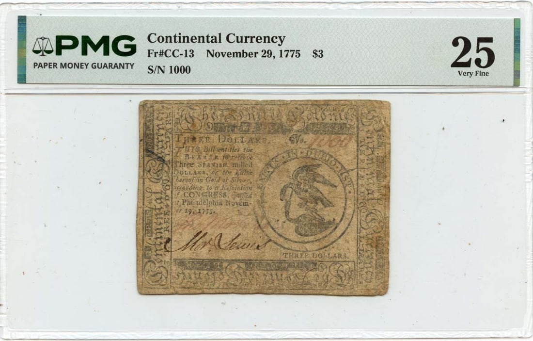 Continental Currency Five Dollar 1775 Note Certified PMG VF25: Continental Currency Five Dollar 1775 Note Certified PMG VF25 This is a $5 Continental Currency note dated November 29, 1775. It has been graded VF25 by PMG and is circulated. The note originates from