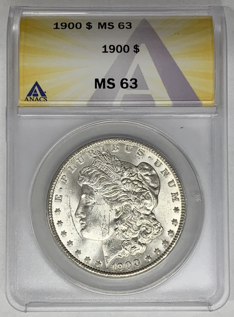 ANACS MS 63 Certified 1900 Silver Morgan Dollar Coin: ANACS MS 63 Certified 1900 Silver Morgan Dollar Coin This is a 1900 Morgan Silver Dollar coin certified by ANACS with a grade of MS 63. The coin is uncirculated, composed of silver, and originates fro