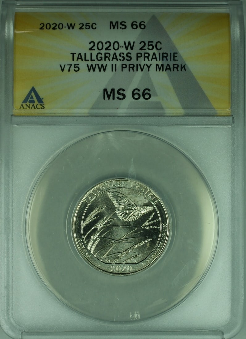 2020 West Point Tallgrass Prairie V75 Quarter ANACS MS-66 WWII Privy Mark: 2020 West Point Tallgrass Prairie V75 Quarter ANACS MS-66 WWII Privy Mark This is a 2020-W Tallgrass Prairie America the Beautiful (ATB) quarter featuring the V75 WWII privy mark. Certified by ANACS w