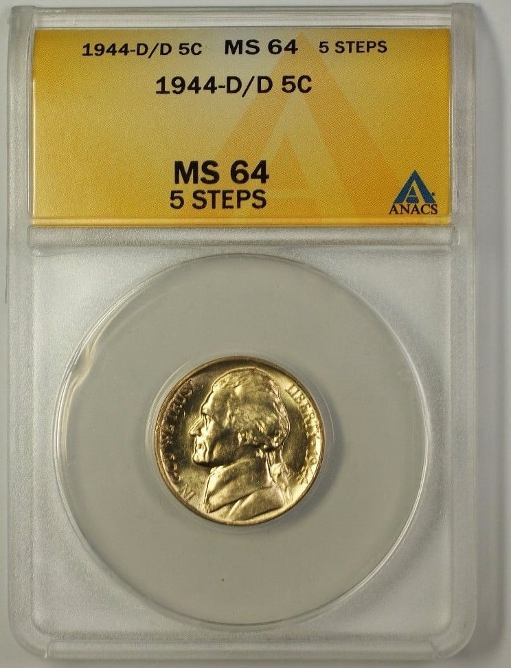 ANACS MS-64 1944-D Over D Silver Jefferson Nickel Five Step Variety: ANACS MS-64 1944-D Over D Silver Jefferson Nickel Five Step Variety This 1944-D/D Wartime Silver Jefferson Nickel is an uncirculated 5-cent coin from the United States, minted in Denver. Certified by