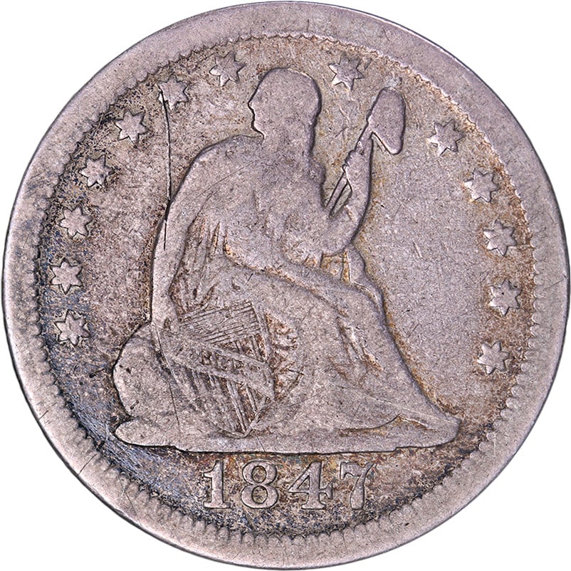 1847-O Seated Liberty Quarter Silver VG Nice Eye Appeal: 1847-O Seated Liberty Quarter Silver VG Nice Eye Appeal This 1847-O Seated Liberty Quarter features a visually appealing strike and vibrant color, showcasing its historical significance. Graded as Ver