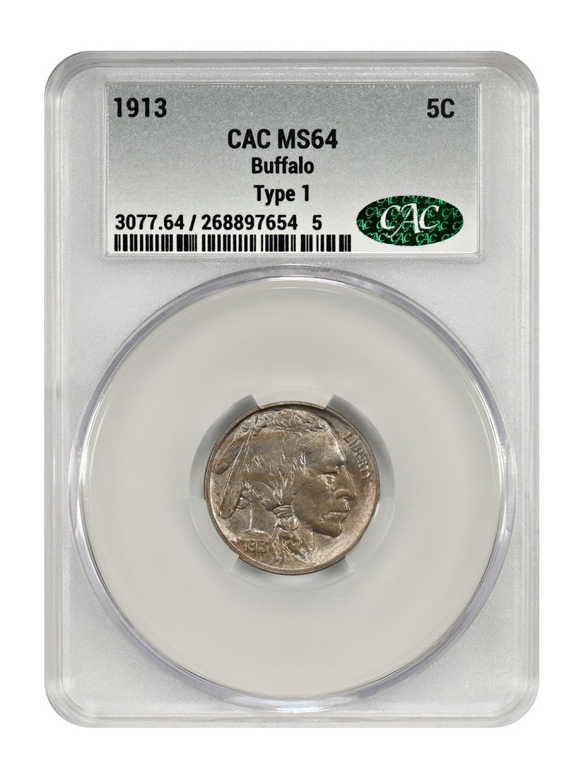 CACG MS64 1913 Buffalo Nickel Five Cent Type 1 Philadelphia: CACG MS64 1913 Buffalo Nickel Five Cent Type 1 Philadelphia This 1913 Buffalo Nickel is a Type 1 coin graded MS64 by CACG, indicating it is in uncirculated condition. Struck in Philadelphia, this popu