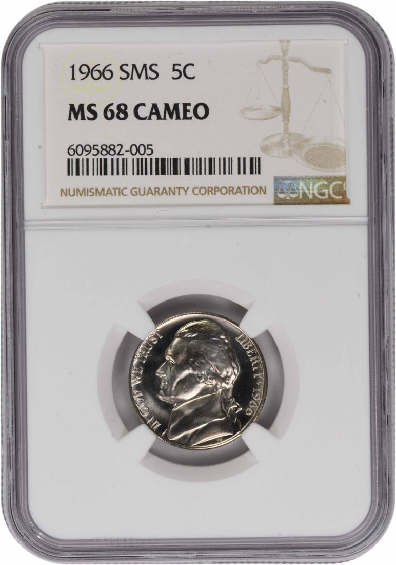 NGC MS68 Cameo 1966 Special Strike Jefferson Five Cent Coin: NGC MS68 Cameo 1966 Special Strike Jefferson Five Cent Coin This 1966 Jefferson Nickel is a Special Mint Set (SMS) coin graded MS68 Cameo (CAM) by NGC. Struck in Philadelphia, it features a compositio